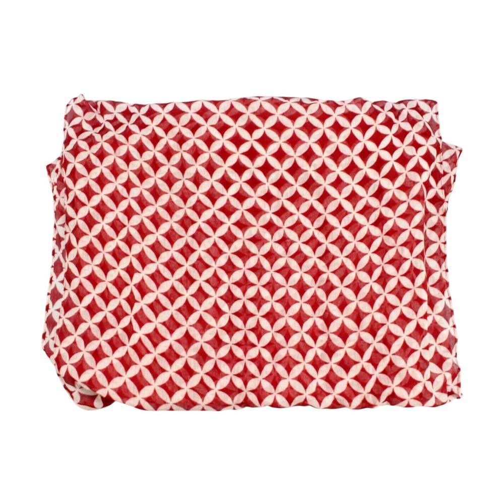 MUD PIE Lightweight WOVEN Red/White SHIPPO PATTERN Pom-Pom Tassel SCARF/WRAP
